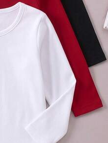 SHEIN Elladie kids 少女休閒純色百搭時尚羅紋針織圓領長袖柔軟內搭 T-shirt 上衣套裝，黑色紅色白色，聖誕派對秋季風格 - 彩色 - 查看 3
