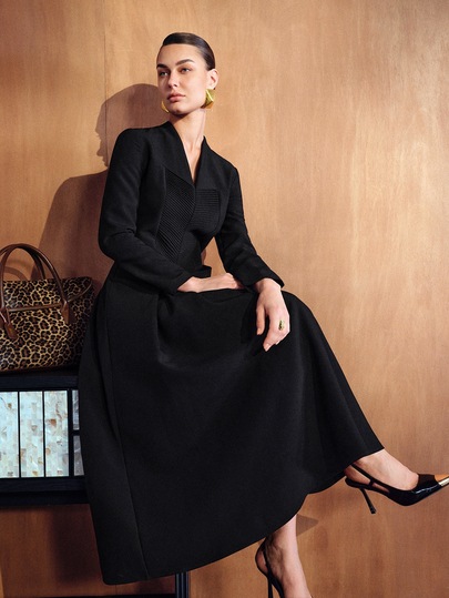 MOTF PREMIUM WOMEN'S SOLID COLOR V-NECK LONG SLEEVE PLEATED HEM ELEGANT DRESS