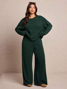 Elaquor 大尺碼女款休閒巧克力棕色冬季修身居家服，秋季純色上衣與長褲兩件套，舒適舒適春季穿搭 - 綠色 - 查看 6