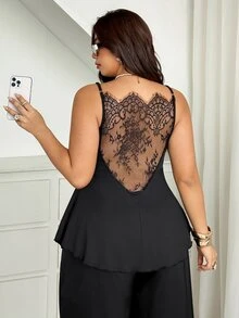 SHEIN CURVE+ Plus Size Knitted Round Neck Cinched Waist Ruffle Hem Sexy Lace French Style Commuter Versatile Camisole - Black - View 2