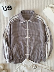 Comfortcana 女款秋冬格紋青蛙鈕扣口袋長袖拿破崙夾克外套 - 咖啡棕 - 查看 7