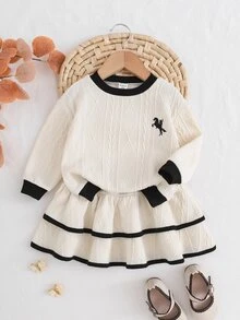 SHEIN 女嬰針織拼色圓領休閒衛衣與裙子兩件套 - 米色 - 查看 3