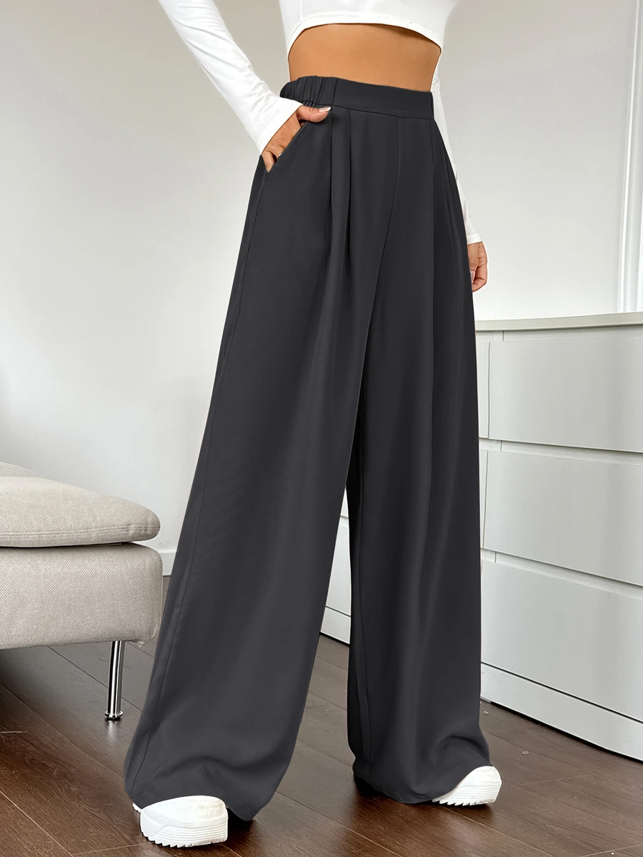 SHEIN EZwear 女款純色高腰百褶寬腿口袋長褲 - 深灰色 - 查看 1