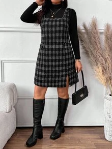 SHEIN Frenchy طقم من قطعتين مقاس كبير بتصميم بسيط، ملابس علوية بأكمام طويلة وفستان بنقشة كاروهات مع فتحة عند الحافة، للخريف - متعدد الألوان - مشاهدة 3
