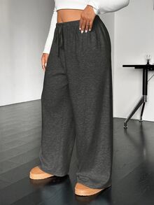 SHEIN EZwear 大尺碼休閒柔軟抽繩腰鬆直筒針織長褲 秋季健身正式灰色 - 深灰色 - 查看 5