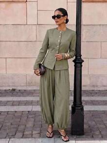 Aloruh Women's Metal Single-Breasted Long Sleeve Blazer And Tapered Pants Set, New Autumn/Winter - Green - View 5