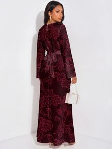 Veilorie Robe élégante pour femmes avec imprimé rose, manches longues, dos évasé, taille nouée et ourlet en queue de poisson - Blanc - Voir 6