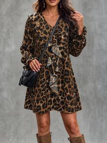 SHEIN فستان نسائي بطبعة نمر ونقشة حيوانية بتصميم A-Line أنيق وكلاسيكي، متعدد الاستخدامات للعمل والتنقل والخروجات الخارجية - متعدد الألوان - مشاهدة 4