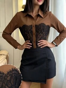 Modelyn 黑白設計蕾絲拼接襯衫領長袖修身女款時尚百搭優雅上衣 - 棕色 - 查看 8