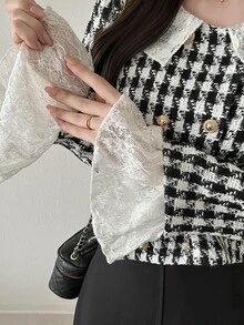 FRIFUL Blus Wanita Kasual Serbaguna Motif Kotak-kotak dan Renda untuk Perjalanan Sehari-hari - Hitam - View 4