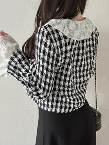 FRIFUL Blus Wanita Kasual Serbaguna Motif Kotak-kotak dan Renda untuk Perjalanan Sehari-hari - Hitam - View 2