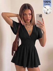 SHEIN ICON فستان نسائي صيفي أسود بسيط بلون موحد بياقة على شكل حرف V وأكمام مكشكشة وخصر مشدود قصير - الأسود - مشاهدة 4