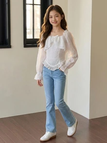 Dazy Kids Tween Girl Cute Stylish Short Blouse With Frill Trim And Petal Sleeve - White - View 5