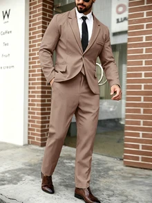 Manfinity Mode Men's Plus Size Solid Lapel Neck Long Sleeve Blazer And Pants Business Travel Set, Formal, Ceremony - Brown - View 4
