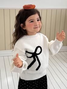 Dazy Kids Sweater Leher Bulat Lengan Lentera Tanpa Bahu dengan Hiasan Pita untuk Anak Perempuan - Krem - View 1