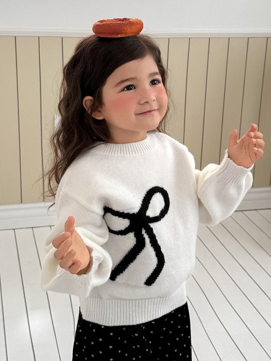 Dazy Kids Sweater Leher Bulat Lengan Lentera Tanpa Bahu dengan Hiasan Pita untuk Anak Perempuan - Krem - View 1