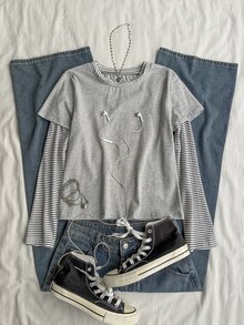 Attitoon Women's Patchwork Striped Long Sleeve 2 In 1 Casual T-Shirt - Grey - View 1