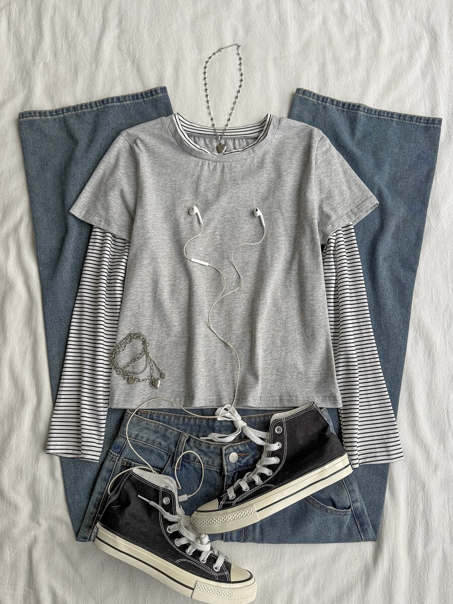 Attitoon Women's Patchwork Striped Long Sleeve 2 In 1 Casual T-Shirt - Grey - View 1