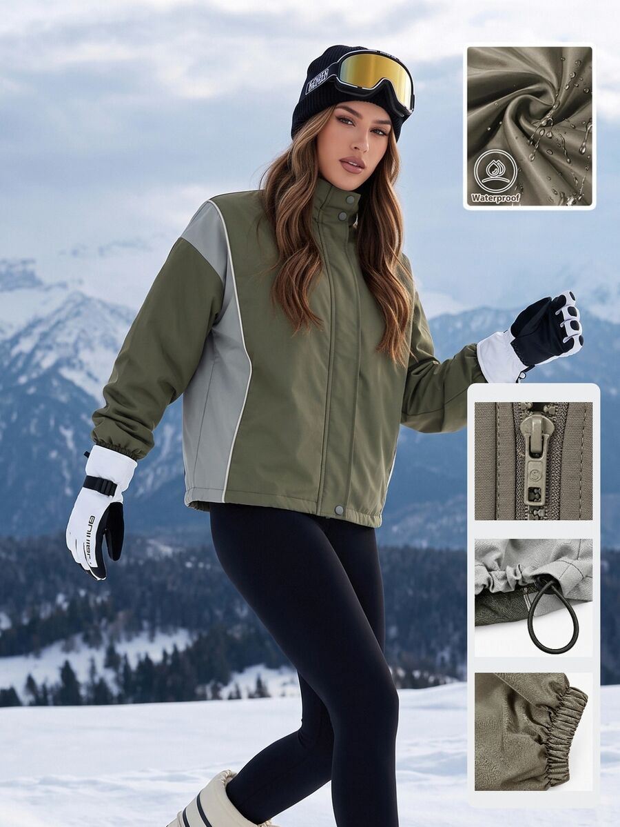 SHEIN BASICS Women's Colorblock Zipper Casual Versatile Daily Outdoor Softshell Jacket - Army Green - View 1
