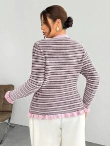 Firerie Plus Size Women's Striped Casual Versatile Daily Wear Cardigan - Pink - View 2