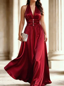 Velvienne Plus Size Halter Neck Deep V Satin Maxi Dress, Ruched Waist Pearl Decor Flowy Casual Evening Party Long Dress - Red - View 3