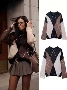 SHEIN LUNE Plus Size Women's Diamond Grid Casual Daily Long Sleeve Sweater - Multicolor - View 7