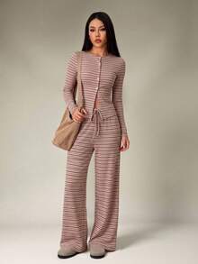 SHEIN PETITE 2件組女款休閒條紋前開扣長袖上衣與寬腿長褲套裝，春夏款 - 粉色 - 查看 4