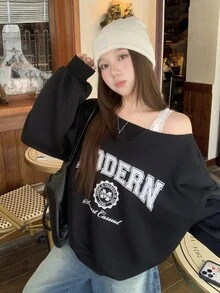 DAZY Women's Letter Print Asymmetrical Shoulder Drop Sleeve Casual Loose Sweatshirt - Black - View 6