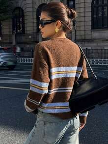 DAZY Women's Round Neck Striped Loose Fit Sweater - Brown - View 4