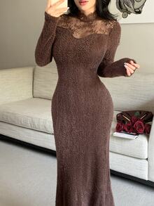 Feyla Women's Sweet Lace Patchwork Long Sleeve Mermaid Dress - Coffee Brown - View 6