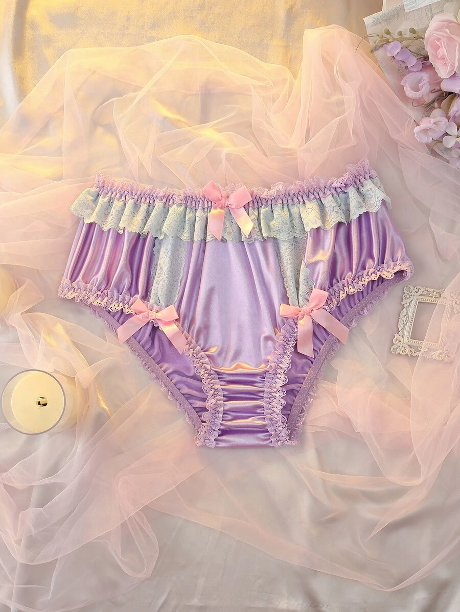 DelicateAllure Bragas triangulares sexys de uso diario con lazo decorativo y contraste de color para mujer talla grande - Rosa - Ver 1