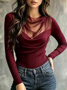 SHEIN 女款純色拼接網紗百褶長袖時尚T恤 - 酒紅色 - 查看 5