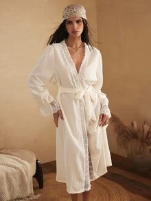 Lullawish Women's Elegant Lazy Casual Premium Wave-Textured Fabric Patchwork Lace Trim Long Sleeve Long Robe - Multicolor - View 2