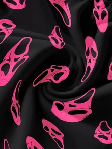ROMWE Goth 哥德風暗黑神秘感黑色大尺碼女款幽靈臉印花寬鬆短褲 - 黑色 - 查看 4