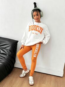 SHEIN 兒童女童白色字母印花圓領長袖衛衣與橘色修身緊身褲2件套 - 橘色 - 查看 5