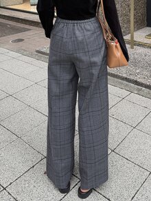 FRIFUL Women's Waist Button Design Pocket Plaid Straight Leg Pants - Brown - View 4
