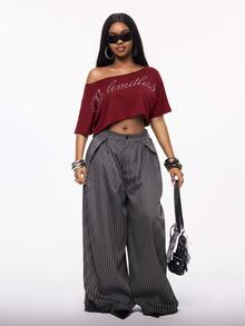 Vadaroq Women's Asymmetrical Shoulder Letter Rhinestone Casual Everyday T-Shirt - Burgundy - View 4