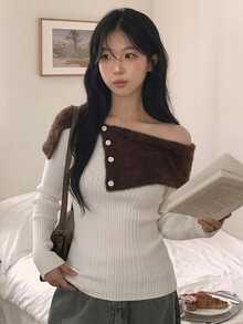DAZY Women's Colorblock Off-Shoulder Casual Daily Long Sleeve Sweater Fall - White - View 4