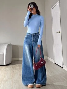 SHEIN EZwear 女款立領長袖休閒性感連身衣，黑色，適合夏季夜生活外出穿著 - 淺藍色 - 查看 4