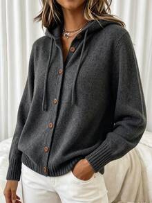 SHEIN LUNE CURVE كارديجان نسائي مقاس كبير أنيق متعدد الاستخدامات بغطاء رأس وأكمام طويلة وأزرار أمامية وكتف عادي - رمادي - مشاهدة 3