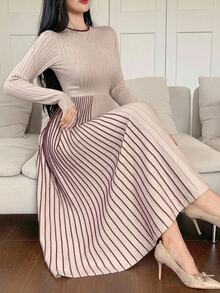 DAZY Women's Elegant Ribbed Contrast Color Pleated Long Sleeve Sweater Dress Winter - Apricot - View 2