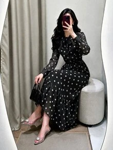 Modelyn Women's Elegant Polka Dot Commuter Versatile Long Sleeve Dress With Pockets - Black - View 7