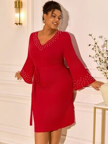 BrightlyHer Plus Size Elegant Beaded Decor Evening Dress - Red - View 6