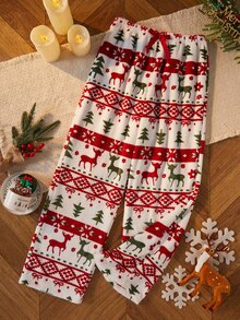 Dream Adore Women's Christmas Element Print Plush Pajamas With Bow Decor, Soft And Comfortable For Autumn/Winter, Women's Sleep Pants, Perfect Holiday Gift For Sleeping - Red - View 1