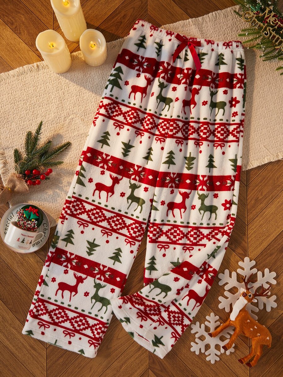Dream Adore Women's Christmas Element Print Plush Pajamas With Bow Decor, Soft And Comfortable For Autumn/Winter, Women's Sleep Pants, Perfect Holiday Gift For Sleeping - Red - View 1