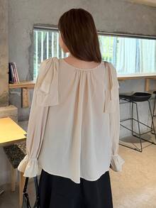 Bijouette Plus Size Women's Spring/Autumn Elegant Lady Style Minimalist Solid Color Shoulder Big Bow Decor Ruffle Sleeve Blouse - Apricot - View 6