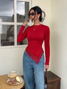 Serisse 女款蕾絲拼接修身百搭日常長袖T恤，秋冬款，正式、商務、時尚，開學季、聖誕節、新年、外出穿搭 - 紅色 - 查看 6