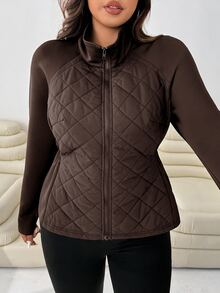 SHEIN EZwear Plus Size Slim Fit Elastic Pocket Patchwork Jacket, Autumn/Winter - Brown - View 1