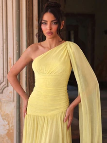 Aureia One-Shoulder Ruched Draped Design Elegant Bridesmaid Formal Evening Gown (Heavy Embellished Style) - Yellow - View 8