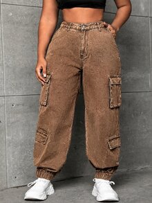 Slaydiva Celana Jeans Denim Kasual Wanita Ukuran Besar dengan Kantong Kargo dan Lipatan di Bagian Bawah - Mocha Brown - View 4